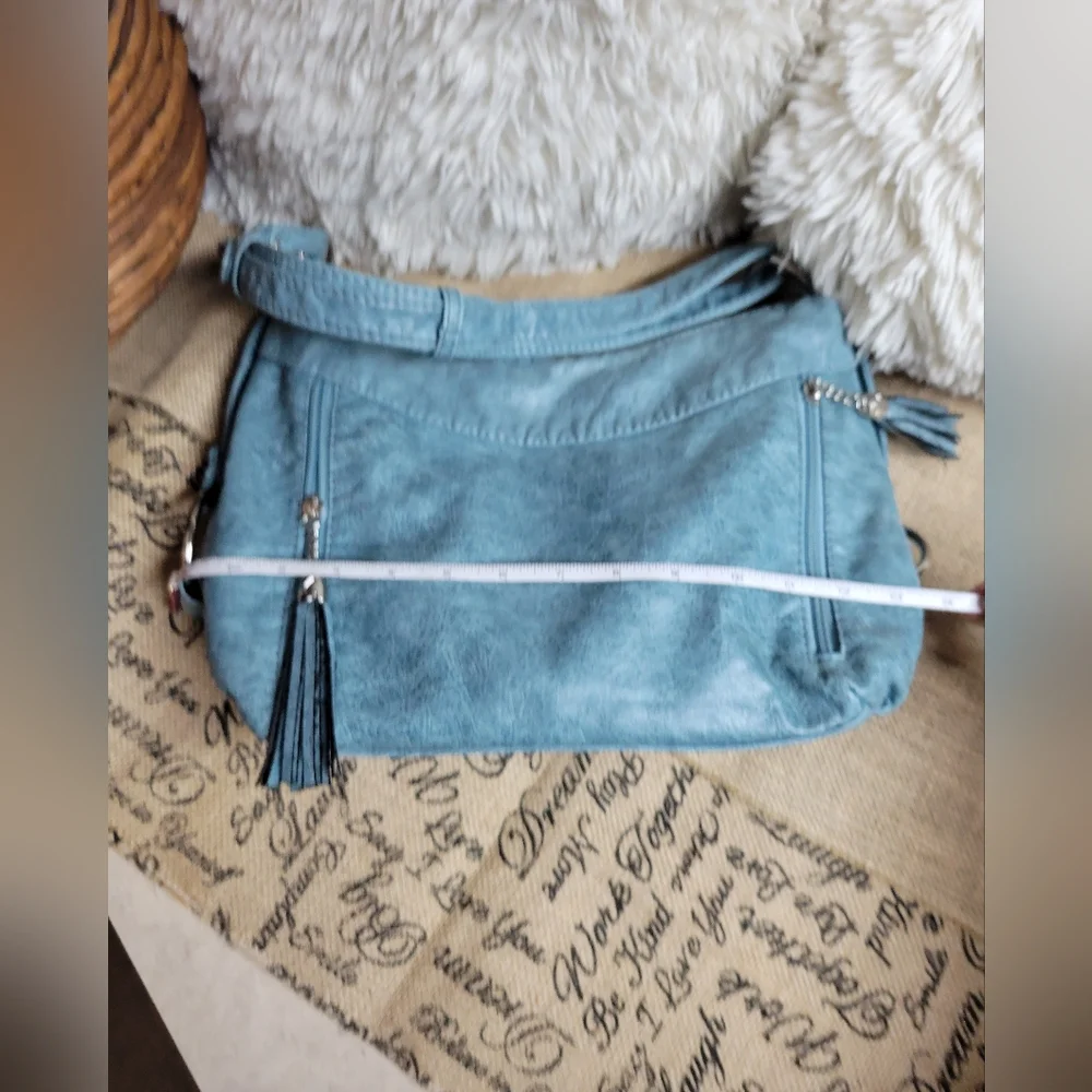 Greyish blue faux leather shoulder bag with silver tone hardware
